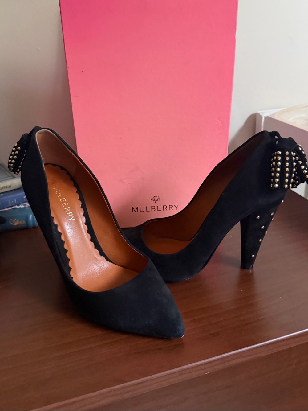 Mulberry Black Suede Studded Tassel Pumps